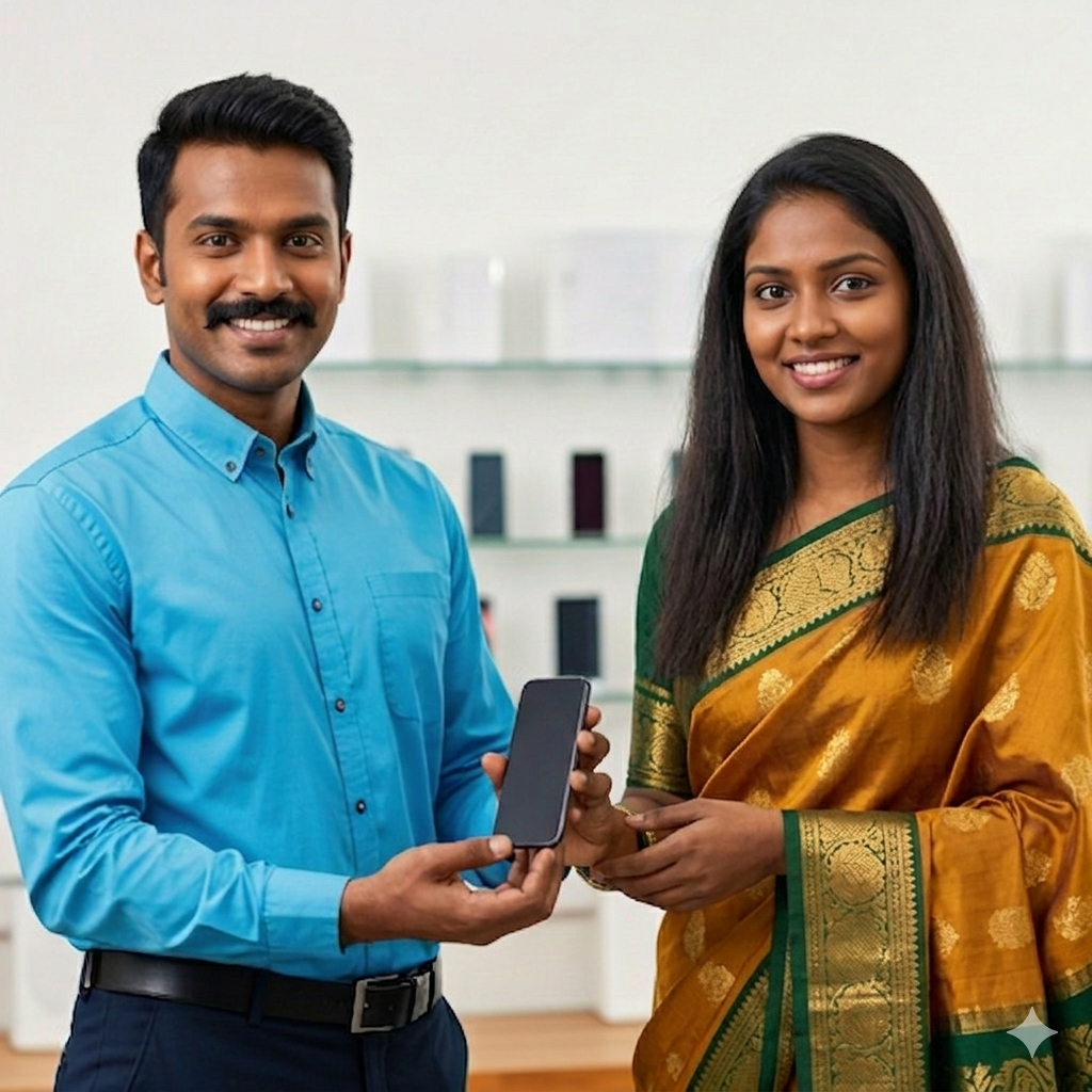 friendly South Indian mobile shop owner showing a new phone to a smiling South Indian customer