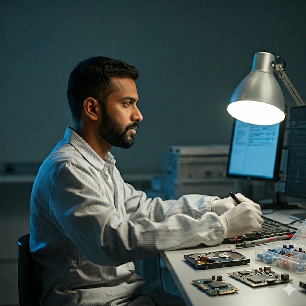 skilled South Indian technician working with precision electronics in a bright clean workspace
